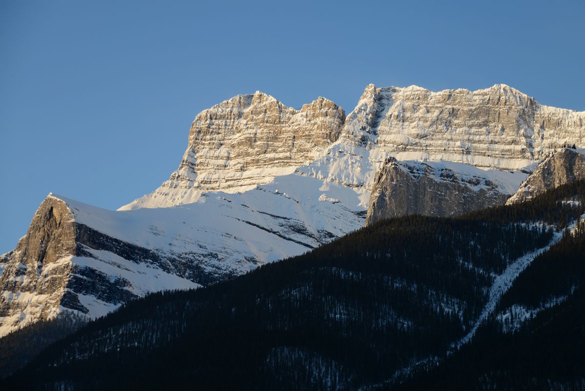 20C Mount Rundle Main Summit Close Up Just After Sunrise From Trans Canada Highway Between Canmore And Banff In Winter